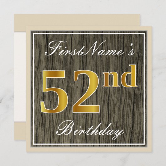 エレガント,木フェイク材, フェイク金ゴールド52番目の誕生日+名前 招待状 (正面/裏面)