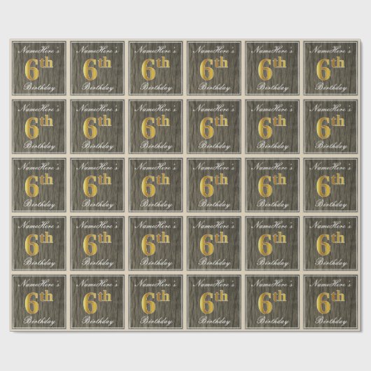 エレガント，木フェイク,フェイク金ゴールド6番目の誕生日+名前 ラッピングペーパー (フラット)