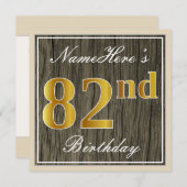 エレガント，木フェイク,フェイク金ゴールド82番目の誕生日+名前 招待状 (正面/裏面)