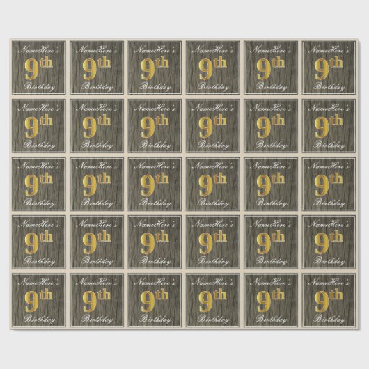 エレガント,木フェイク,フェイク金ゴールド9番目誕生日+名前 ラッピングペーパー (フラット)