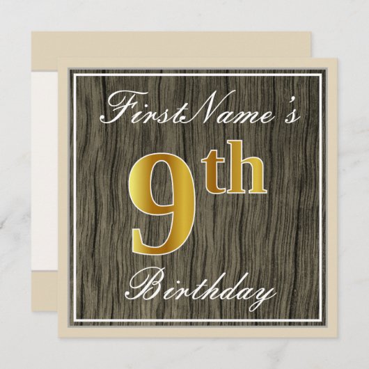 エレガント,木フェイク,フェイク金ゴールド9番目誕生日+名前 招待状 (正面/裏面)