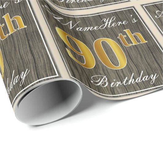 エレガント,木フェイク,フェイク金ゴールド90番目の誕生日+名前 ラッピングペーパー (ロールコーナー)