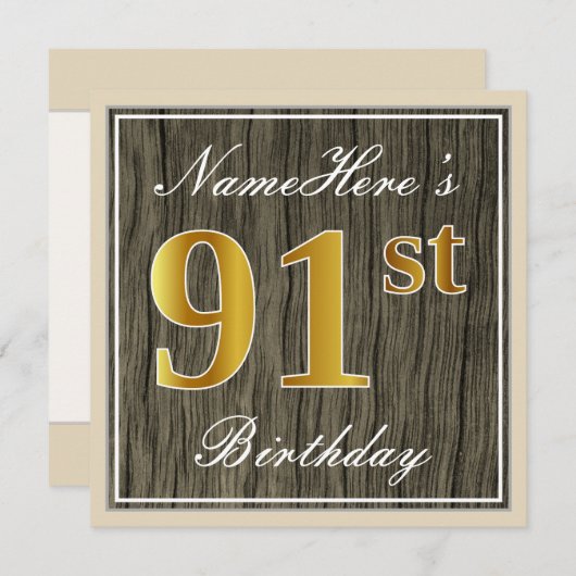 エレガント，木フェイク,フェイク金ゴールド91番目の誕生日+名前 招待状 (正面/裏面)