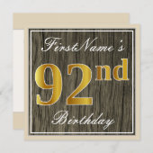 エレガント，木フェイク,フェイク金ゴールド92番目の誕生日+名前 招待状 (正面/裏面)