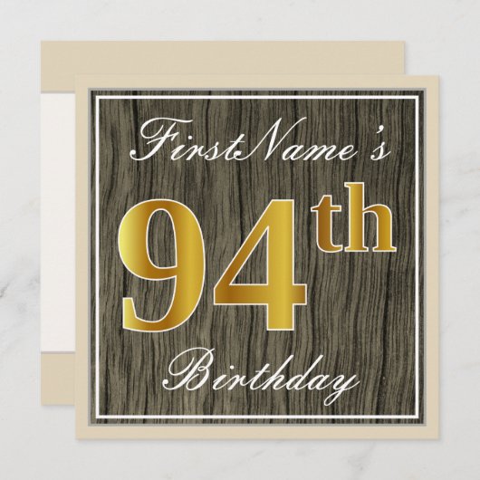 エレガント,木フェイク,フェイク金ゴールド94番目の誕生日+名前 招待状 (正面/裏面)