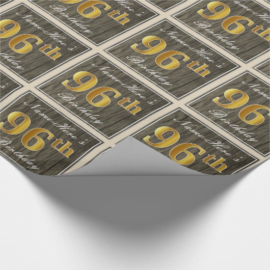 エレガント,木フェイク,フェイク金ゴールド96番目の誕生日+名前 ラッピングペーパー (角)