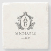 エレガント、王室のクレストモノグラム白黒 ストーンコースター (正面)