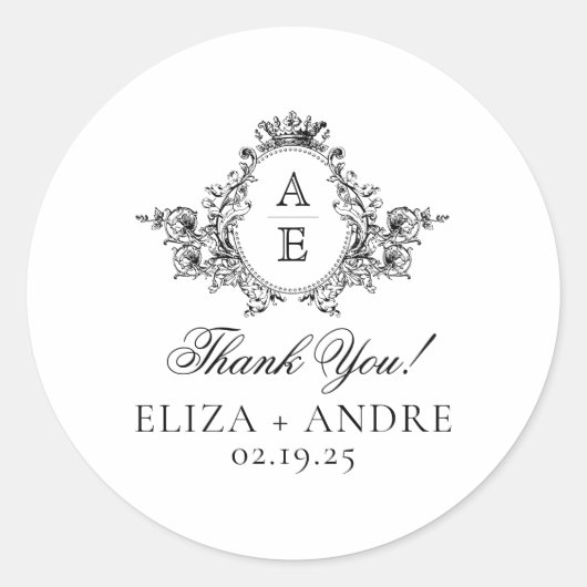 エレガント,白黒の紋章モノグラム結婚 ラウンドシール (正面)