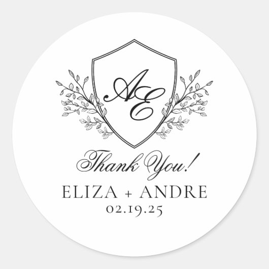 エレガント，白黒の紋章モノグラム結婚 ラウンドシール (正面)