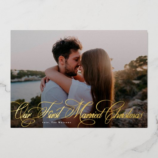 エレガント | 私たちの最初の結婚したクリスマス | 写真金ゴールド 箔シーズンカード (正面)