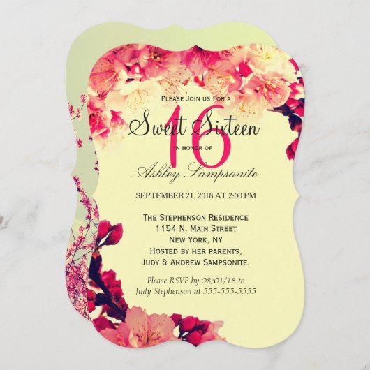 エレガント& 素朴さくらんぼの花がヴィンテージ黄 招待状 (正面/裏面)