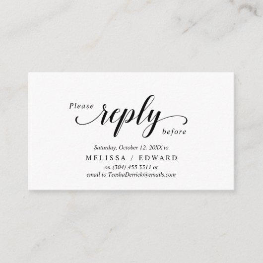 エレガント、素朴ブラックスクリプト、RSVP応答、返信 エンクロージャーカード (正面)