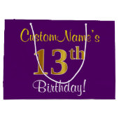 エレガント,紫,フェイク金ゴールド13番目の誕生日+名前 ラージペーパーバッグ (裏面)