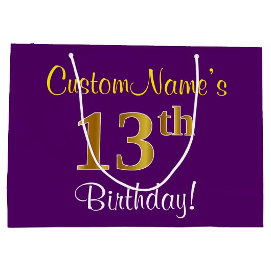 エレガント,紫,フェイク金ゴールド13番目の誕生日+名前 ラージペーパーバッグ (裏面)