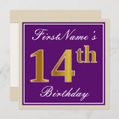 エレガント，紫，フェイク金ゴールド14番目の誕生日+名前 招待状 (正面/裏面)