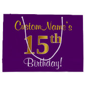 エレガント，紫，フェイク金ゴールド15番目の誕生日+名前 ラージペーパーバッグ (裏面)