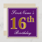 エレガント,紫,フェイク金ゴールド16番目の誕生日+名前 招待状 (正面/裏面)