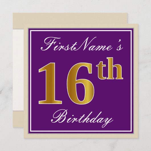 エレガント,紫,フェイク金ゴールド16番目の誕生日+名前 招待状 (正面/裏面)