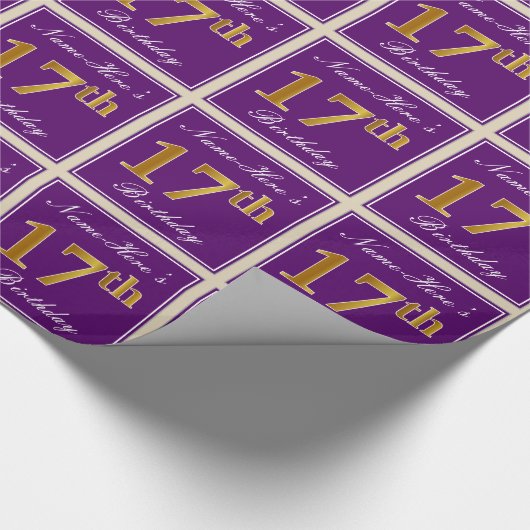 エレガント，紫，フェイク金ゴールド17番目の誕生日+名前 ラッピングペーパー (角)