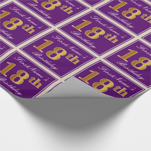 エレガント,紫,フェイク金ゴールド18番目の誕生日+名前 ラッピングペーパー (角)