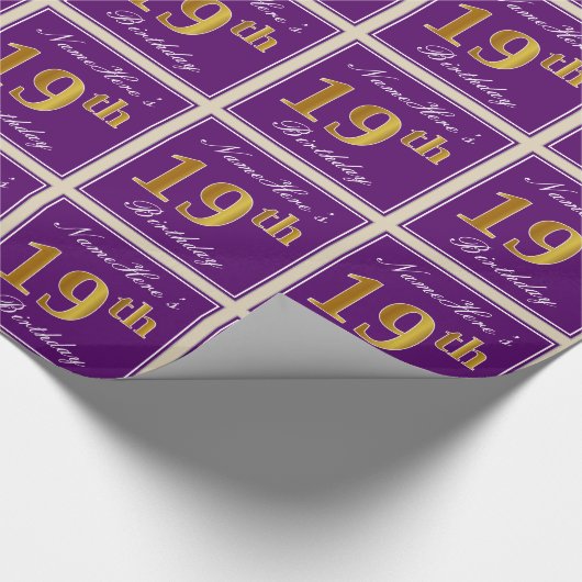 エレガント，紫，フェイク金ゴールド19番目の誕生日+名前 ラッピングペーパー (角)