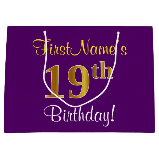 エレガント，紫，フェイク金ゴールド19番目の誕生日+名前 ラージペーパーバッグ (正面)