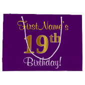 エレガント，紫，フェイク金ゴールド19番目の誕生日+名前 ラージペーパーバッグ (裏面)