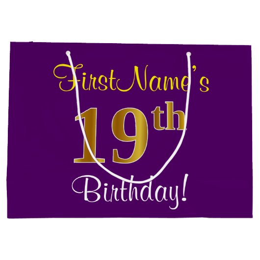 エレガント，紫，フェイク金ゴールド19番目の誕生日+名前 ラージペーパーバッグ (裏面)