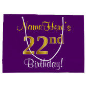 エレガント,紫,フェイク金ゴールド22番目の誕生日+名前 ラージペーパーバッグ (裏面)