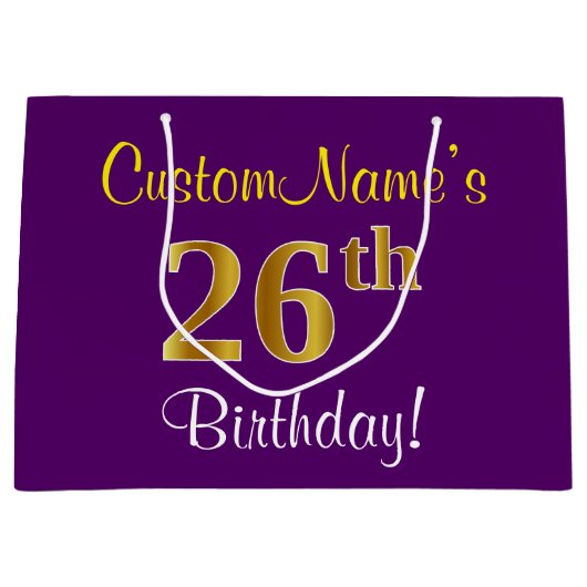 エレガント，紫，フェイク金ゴールド26番目の誕生日+名前 ラージペーパーバッグ (正面)