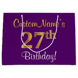 エレガント，紫，フェイク金ゴールド27番目の誕生日+名前 ラージペーパーバッグ