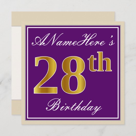 エレガント，紫，フェイク金ゴールド28番目の誕生日+名前 招待状 (正面/裏面)