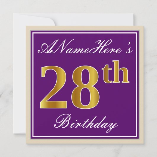 エレガント,紫,フェイク金ゴールド28番目の誕生日+名前 招待状 (正面)