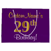 エレガント，紫，フェイク金ゴールド29番目の誕生日+名前 ラージペーパーバッグ (裏面)