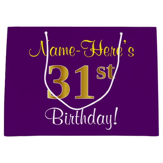 エレガント，紫，フェイク金ゴールド31番目の誕生日+名前 ラージペーパーバッグ (正面)