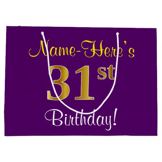 エレガント，紫，フェイク金ゴールド31番目の誕生日+名前 ラージペーパーバッグ (裏面)