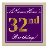 エレガント，紫，フェイク金ゴールド32番目の誕生日+名前 ポスター (正面)