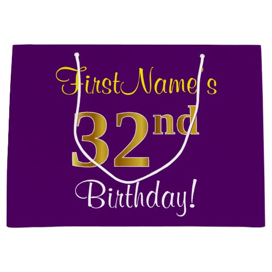 エレガント，紫，フェイク金ゴールド32番目の誕生日+名前 ラージペーパーバッグ (正面)