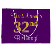 エレガント，紫，フェイク金ゴールド32番目の誕生日+名前 ラージペーパーバッグ (裏面)