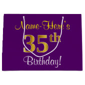 エレガント，紫，フェイク金ゴールド35番目の誕生日+名前 ラージペーパーバッグ (正面)