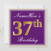エレガント，紫，フェイク金ゴールド37番目の誕生日+名前 招待状 (正面)