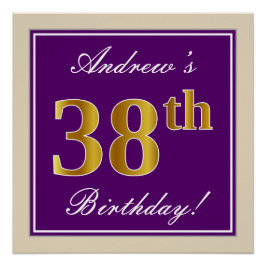 エレガント，紫，フェイク金ゴールド38番目の誕生日+名前 ポスター