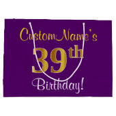 エレガント，紫，フェイク金ゴールド39番目の誕生日+名前 ラージペーパーバッグ (裏面)