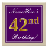 エレガント，紫，フェイク金ゴールド42番目の誕生日+名前 ポスター (正面)