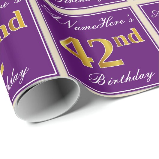 エレガント,紫,フェイク金ゴールド42番目の誕生日+名前 ラッピングペーパー (ロールコーナー)