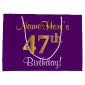 エレガント，紫，フェイク金ゴールド47番目の誕生日+名前 ラージペーパーバッグ (裏面)
