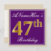 エレガント，紫，フェイク金ゴールド47番目の誕生日+名前 招待状 (正面/裏面)