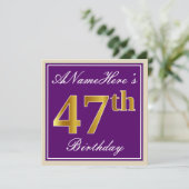 エレガント，紫，フェイク金ゴールド47番目の誕生日+名前 招待状 (スタンド正面)