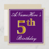 エレガント,紫,フェイク金ゴールド5番目の誕生日+名前 招待状 (正面/裏面)