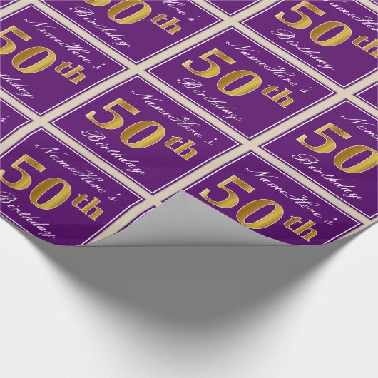 エレガント，紫，フェイク金ゴールド50番目の誕生日+名前 ラッピングペーパー (角)